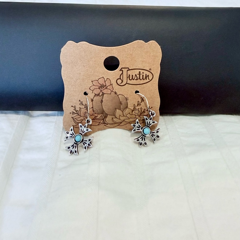 Justin Turquoise Center Cross Silver Earrings
